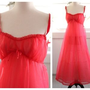 1960s Rose Red Long Chiffon Empire Waist Vintage Nightgown Old Hollywood Dress
